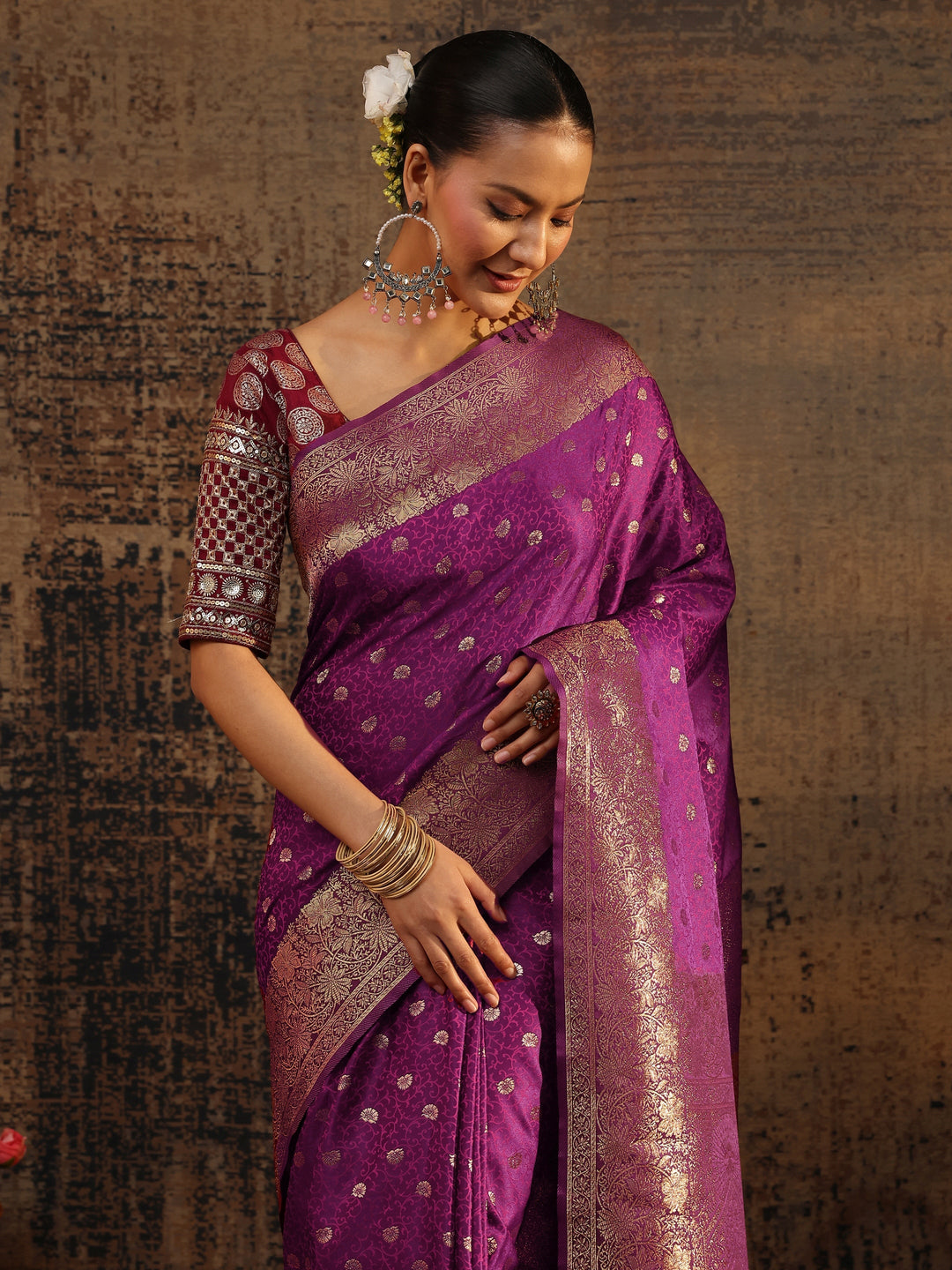  Purple Floral Woven Design Silk Blend Saree With Unstitched Blouse Piece 