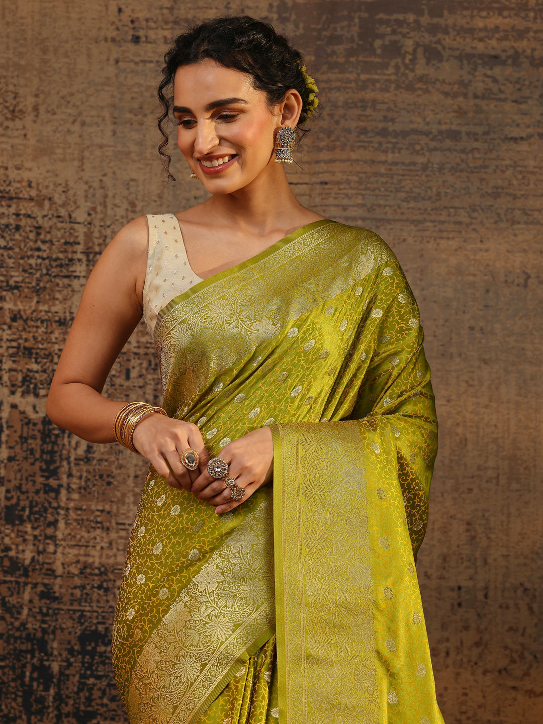  Libas Green Floral Woven Design Silk Blend Saree With Unstitched Blouse Piece 
