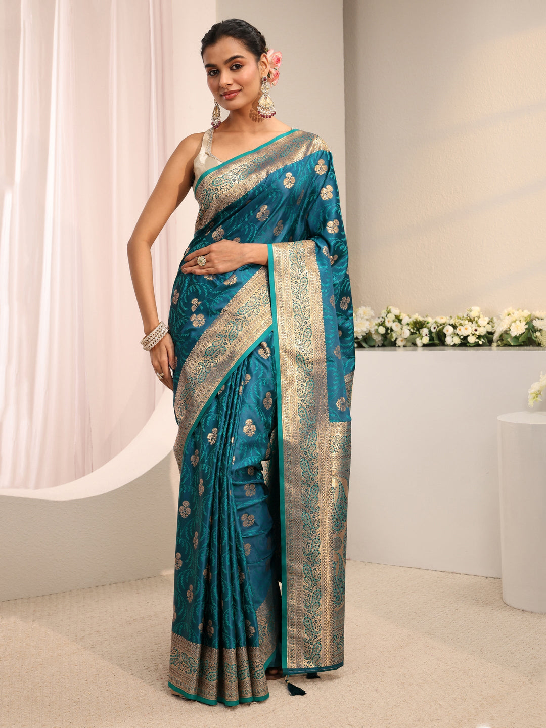  Libas Blue Ethnic Woven Design Silk Blend Saree With Unstitched Blouse Piece 