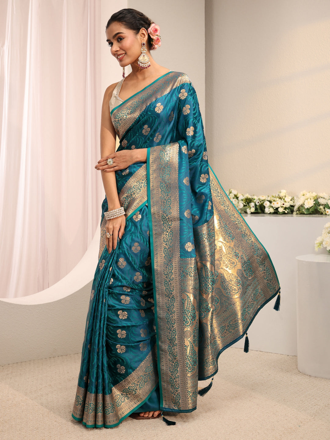  Libas Blue Ethnic Woven Design Silk Blend Saree With Unstitched Blouse Piece 