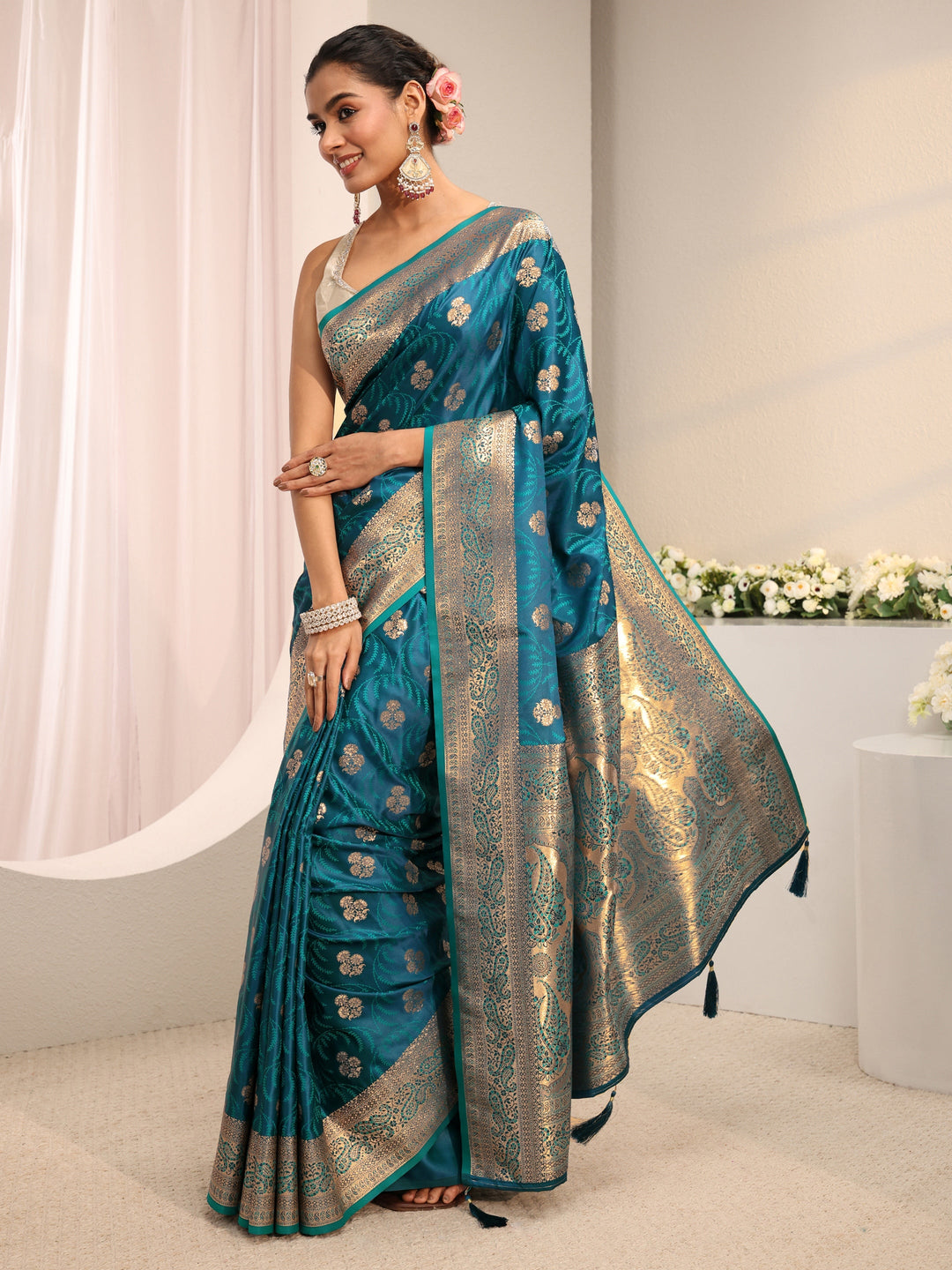  Blue Ethnic Woven Design Silk Blend Saree With Unstitched Blouse Piece 