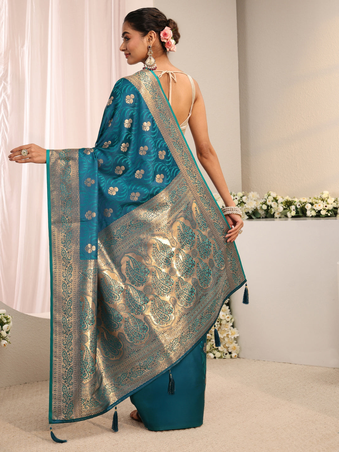  Libas Blue Ethnic Woven Design Silk Blend Saree With Unstitched Blouse Piece 
