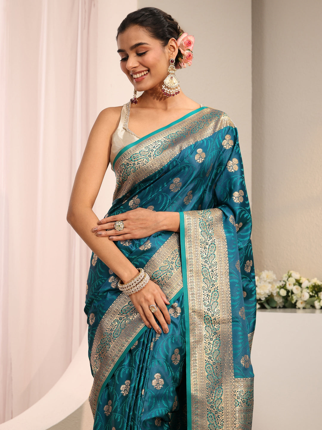  Libas Blue Ethnic Woven Design Silk Blend Saree With Unstitched Blouse Piece 