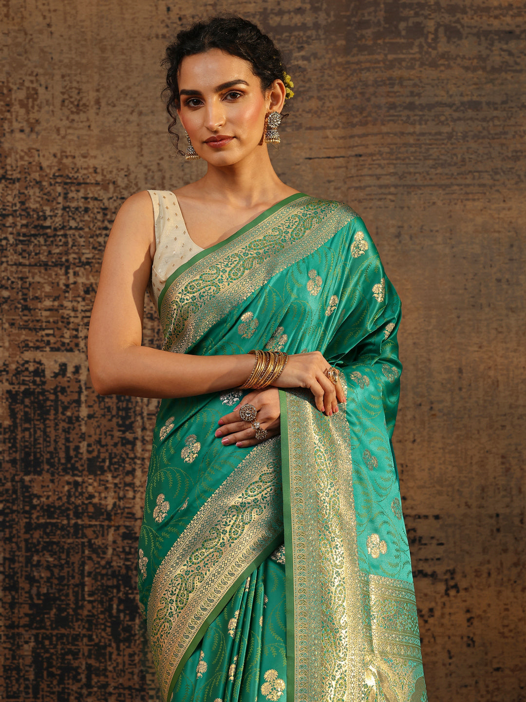  Green Floral Woven Design Silk Blend Saree With Unstitched Blouse Piece 