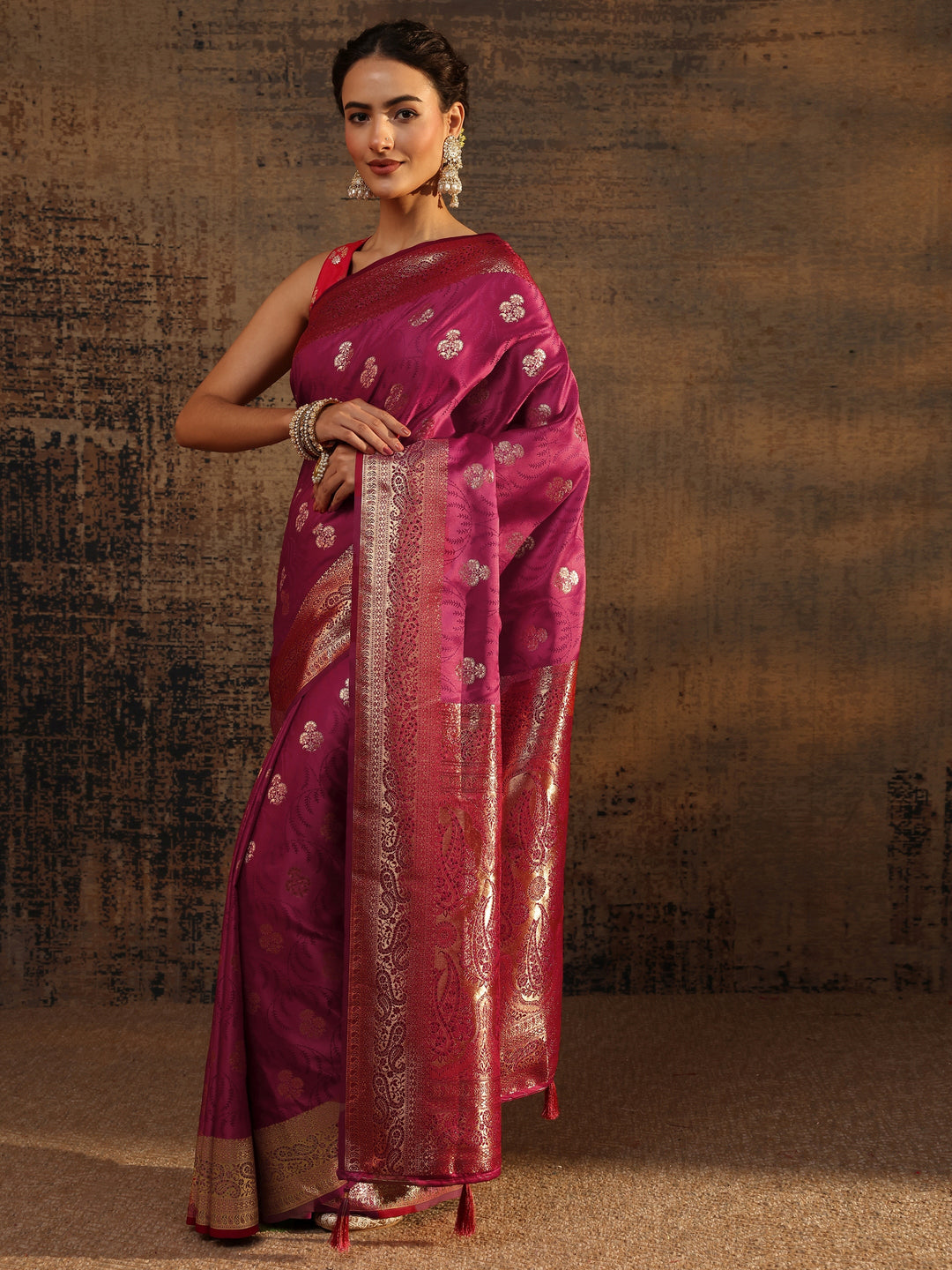  Pink Floral Woven Design Silk Blend Saree With Unstitched Blouse Piece 