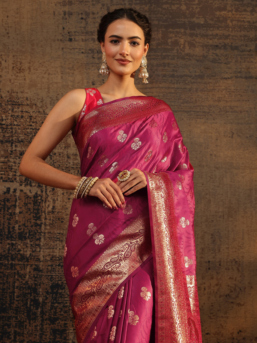  Pink Floral Woven Design Silk Blend Saree With Unstitched Blouse Piece 