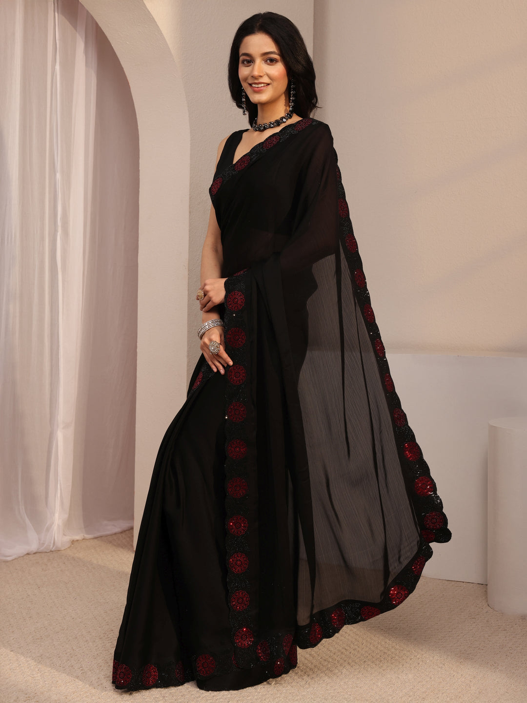  Black Embellished Chiffon Saree With Unstiched Blouse Piece 