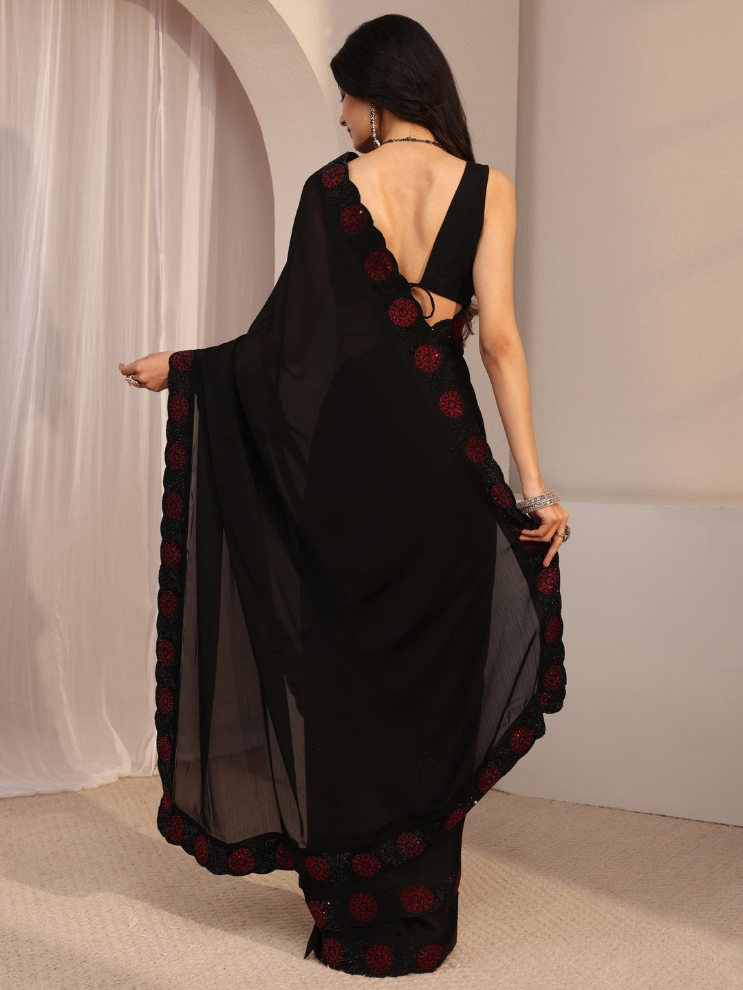  Black Embellished Chiffon Saree With Unstiched Blouse Piece 