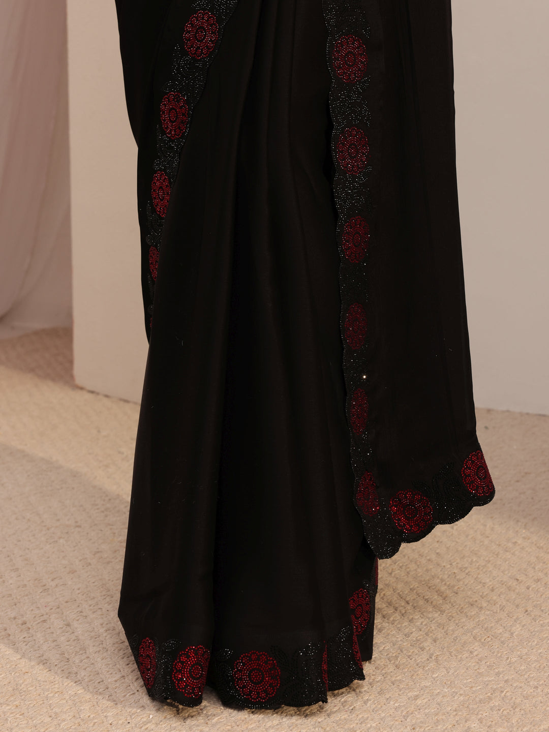  Black Embellished Chiffon Saree With Unstiched Blouse Piece 