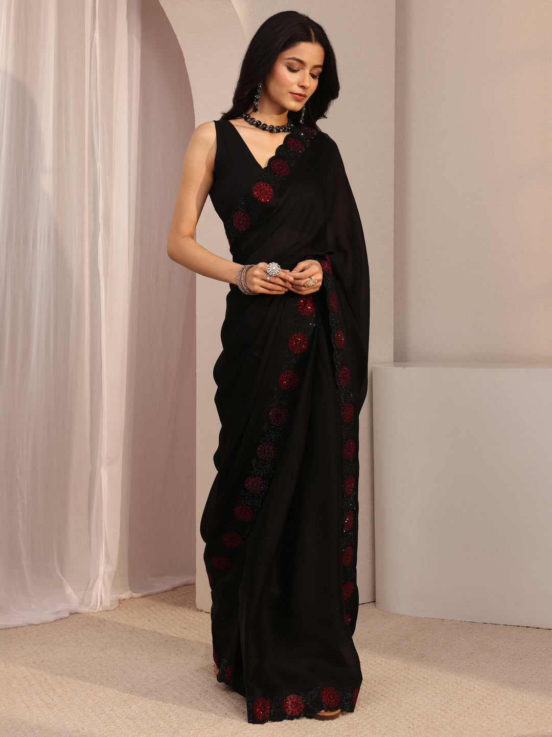  Black Embellished Chiffon Saree With Unstiched Blouse Piece 