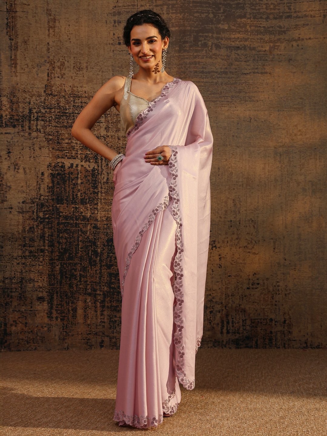  Pink Solid Pure Chiffon Saree With Unstitched Blouse Piece 