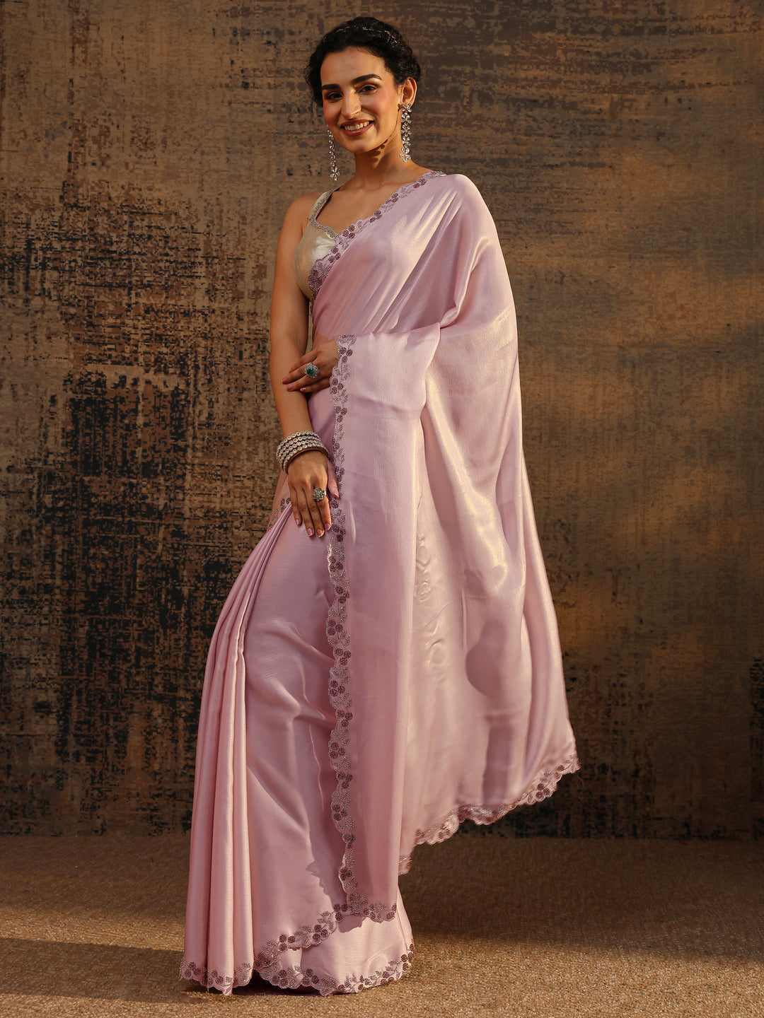  Pink Solid Pure Chiffon Saree With Unstitched Blouse Piece 