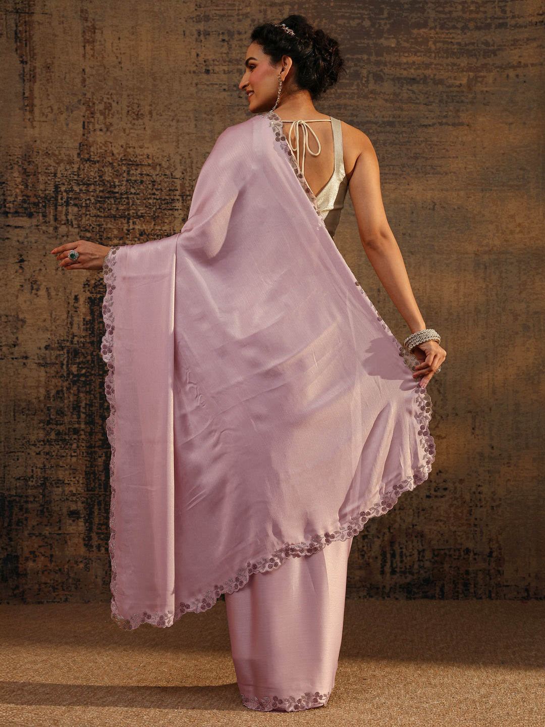  Pink Solid Pure Chiffon Saree With Unstitched Blouse Piece 
