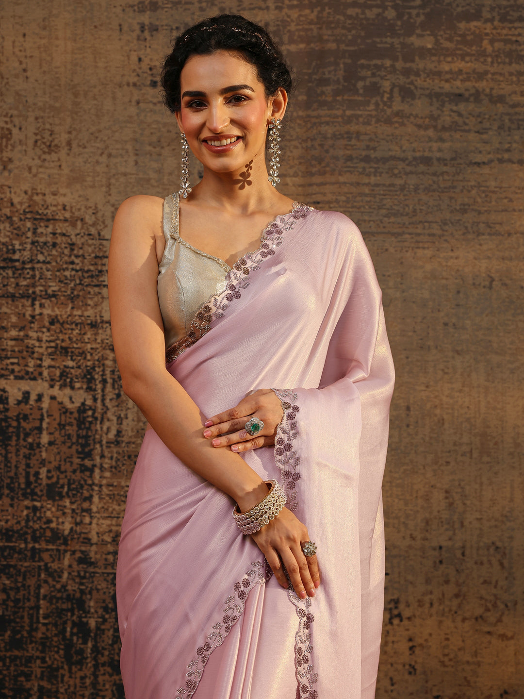  Pink Solid Pure Chiffon Saree With Unstitched Blouse Piece 