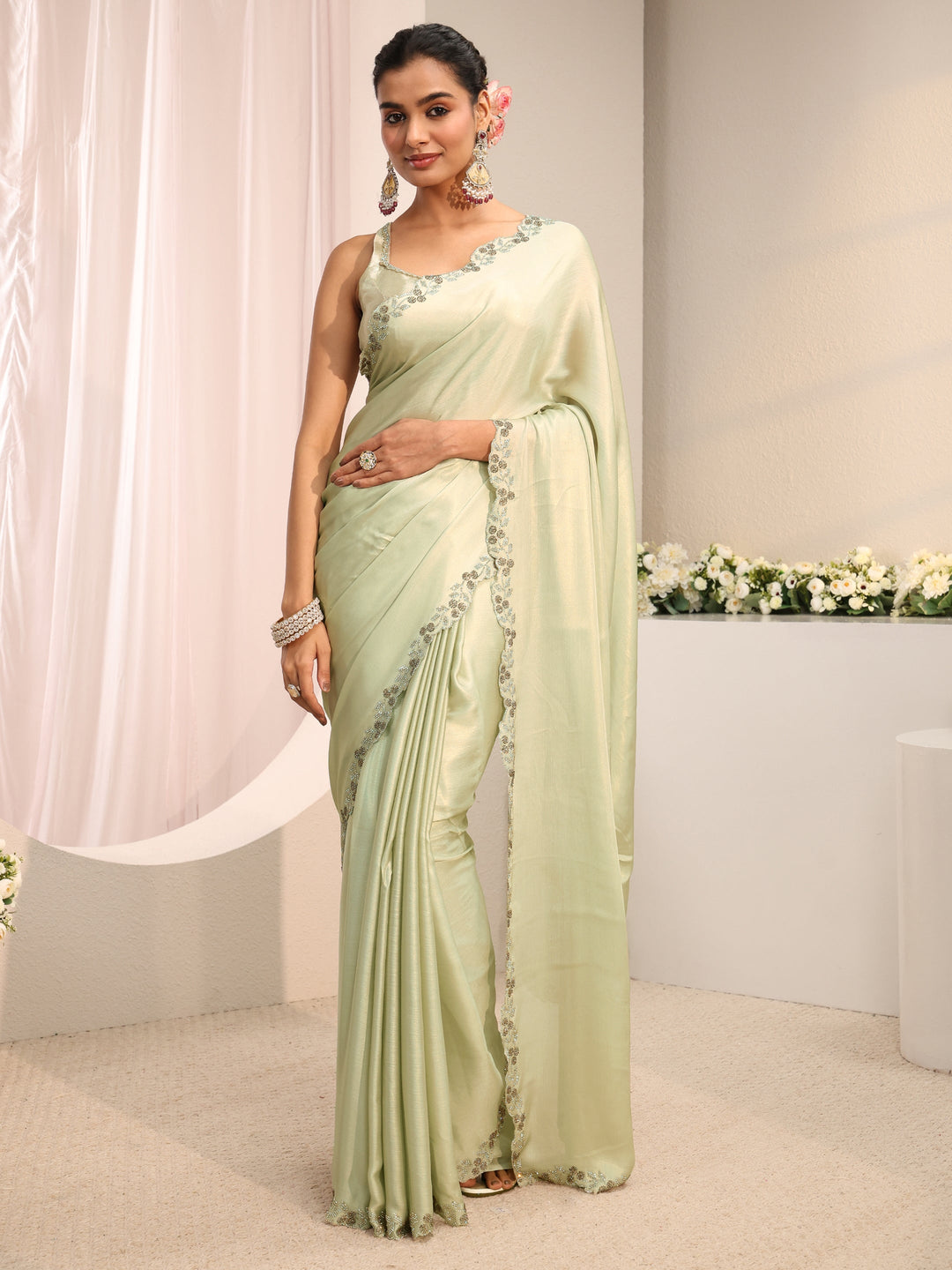  Green Solid Embellished Border Chiffon Saree With Unstitched Blouse Piece 