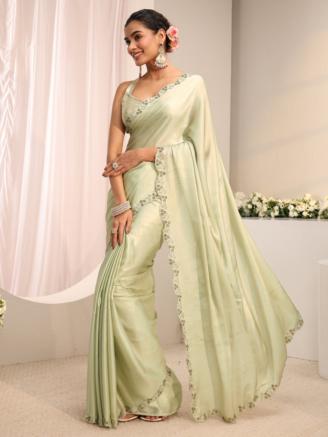  Green Solid Embellished Border Chiffon Saree With Unstitched Blouse Piece 