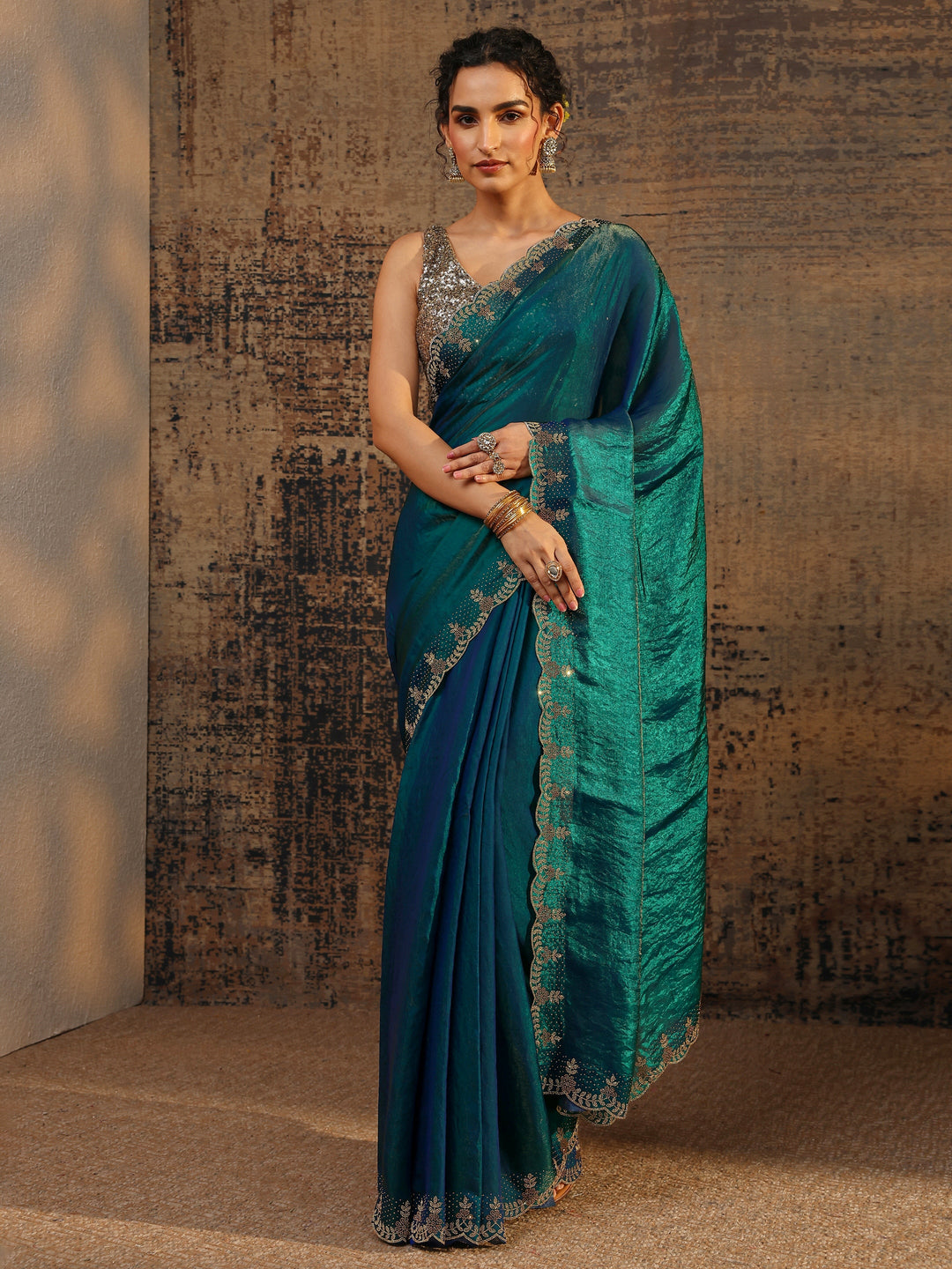  Blue Solid Satin Saree With Unstitched Blouse Piece 