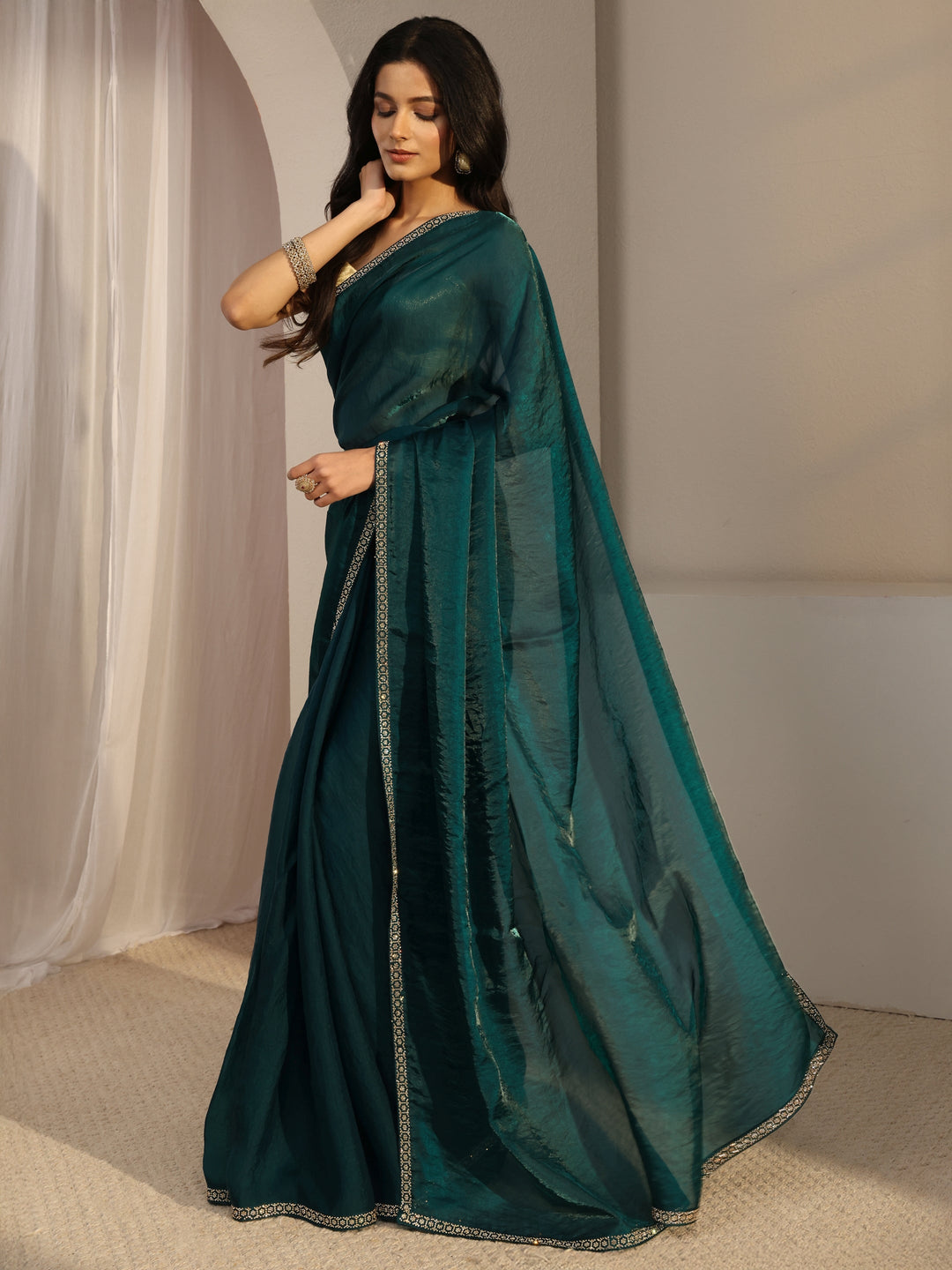  Teal Embellished Satin Saree With Unstiched Blouse Piece 