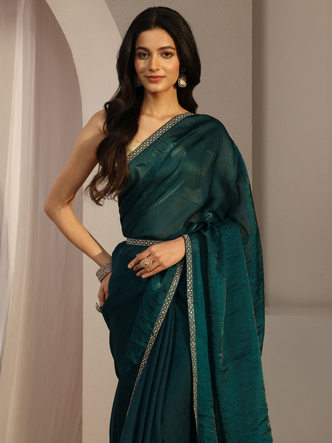  Teal Embellished Satin Saree With Unstiched Blouse Piece 