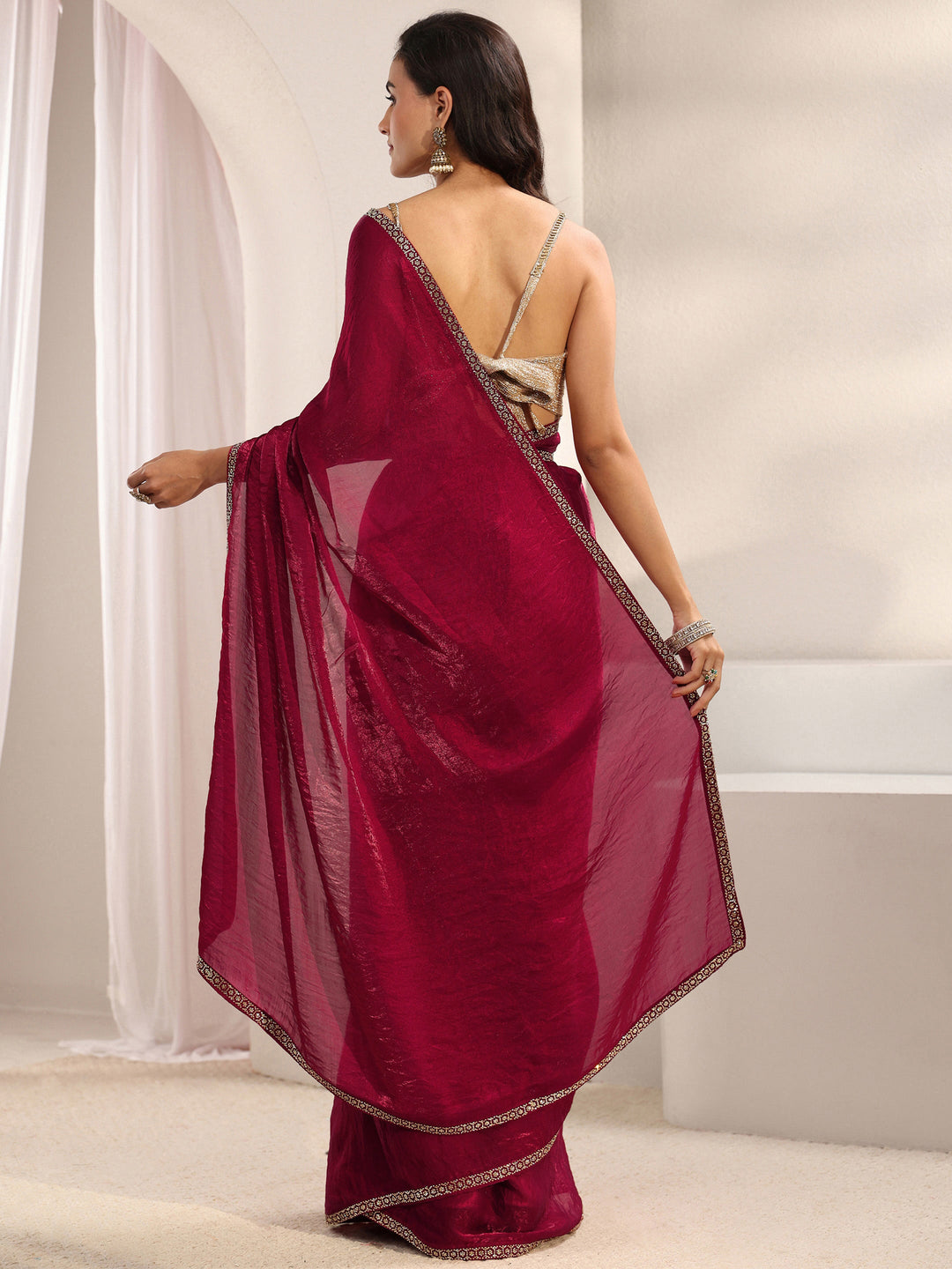  Pink Embellished Border Satin Saree With Unstitched Blouse Piece And Waistbelt 