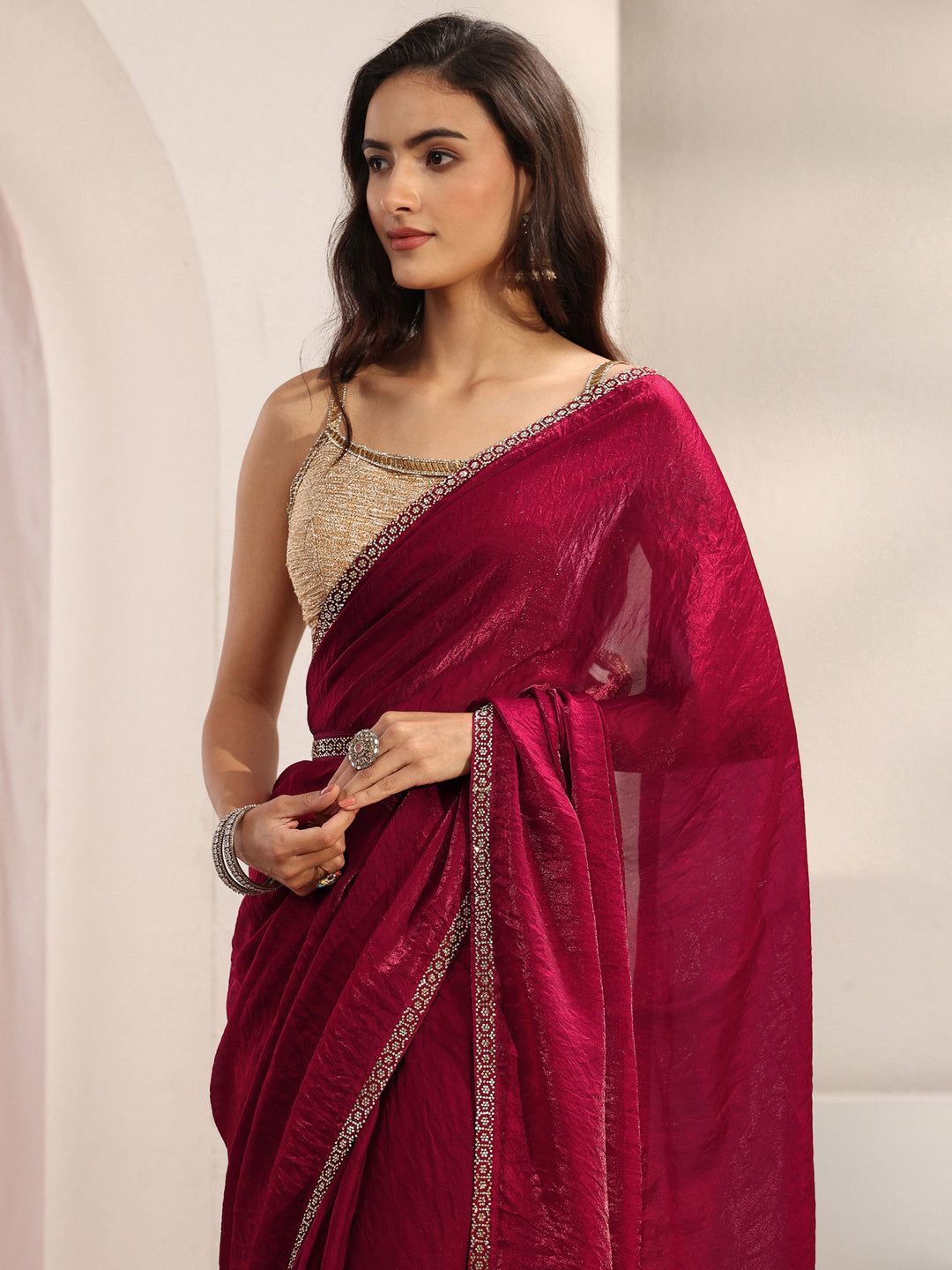  Pink Embellished Border Satin Saree With Unstitched Blouse Piece And Waistbelt 