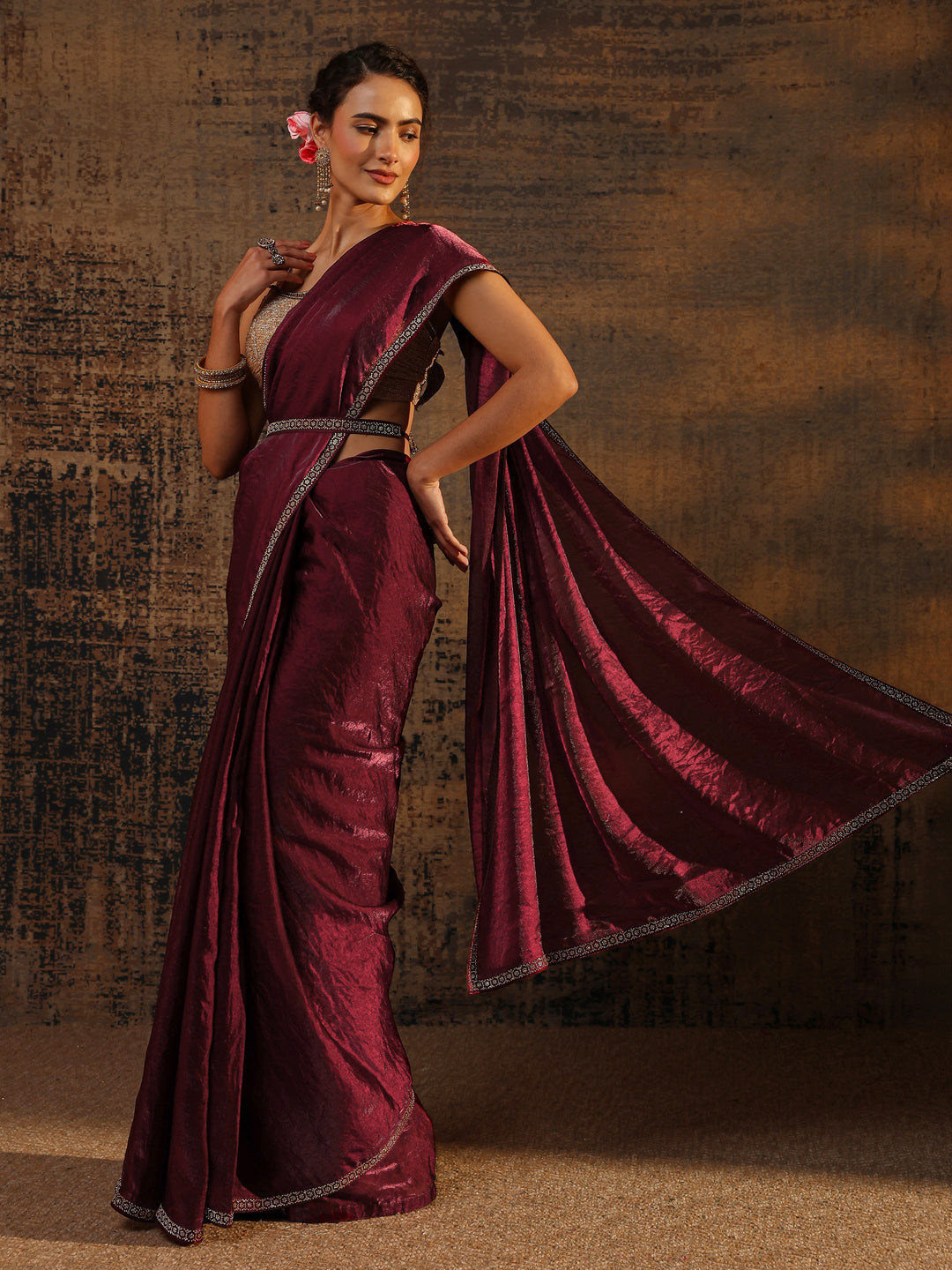  Burgundy Solid Satin Saree With Unstitched Blouse Piece 