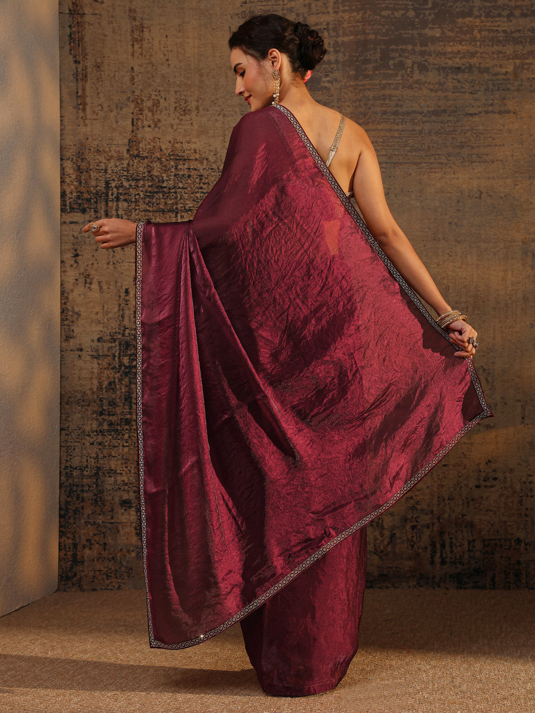  Burgundy Solid Satin Saree With Unstitched Blouse Piece 