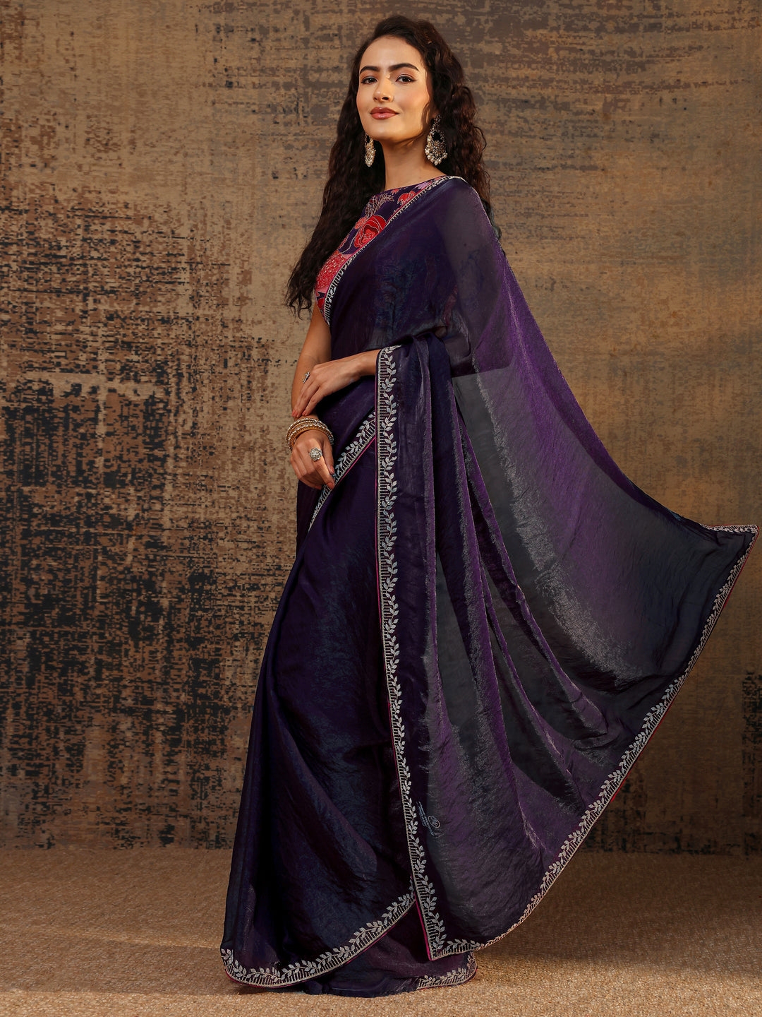  Purple Solid Satin Saree With Unstitched Blouse Piece 