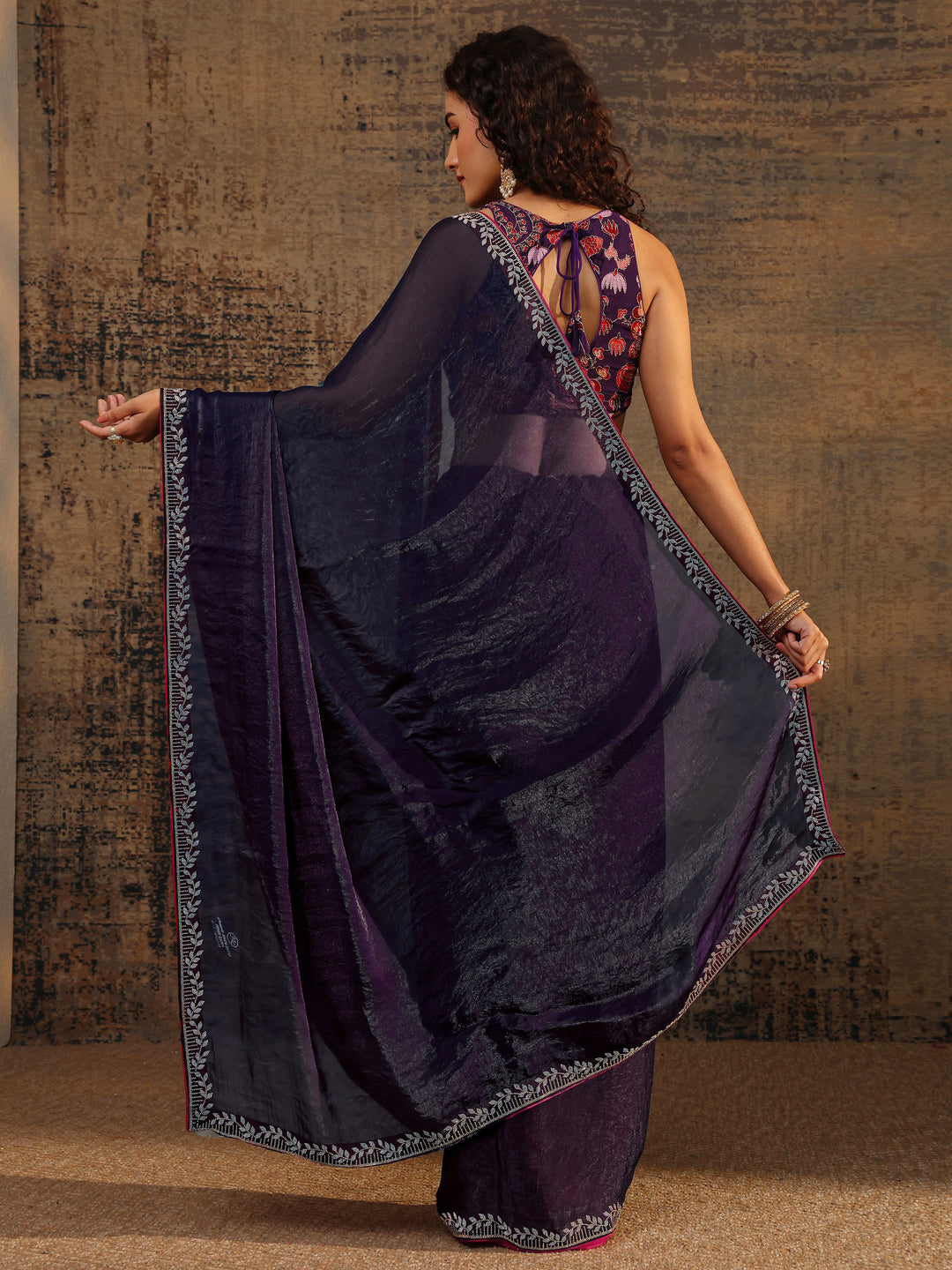  Purple Solid Satin Saree With Unstitched Blouse Piece 