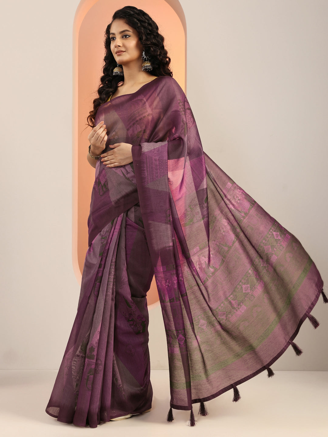  Mauve Printed Silk Blend Saree With Unstitched Blouse Piece 