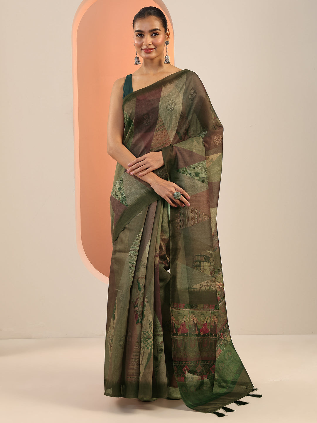  Green Printed Silk Saree With Unstitched Blouse Piece 