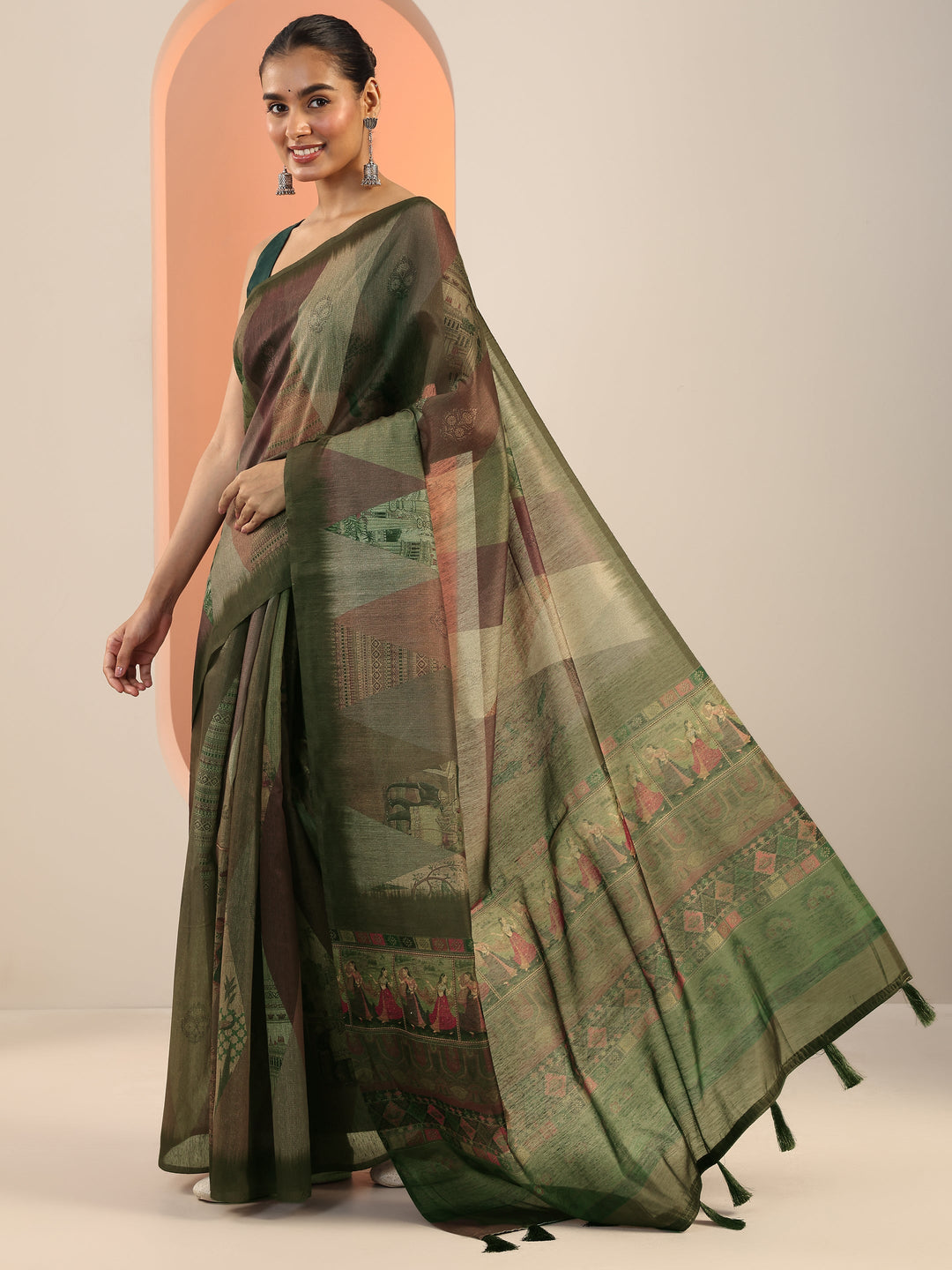  Green Printed Silk Saree With Unstitched Blouse Piece 