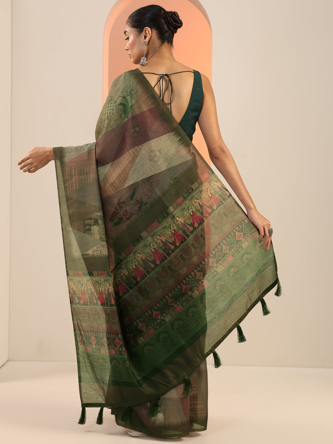  Green Printed Silk Saree With Unstitched Blouse Piece 