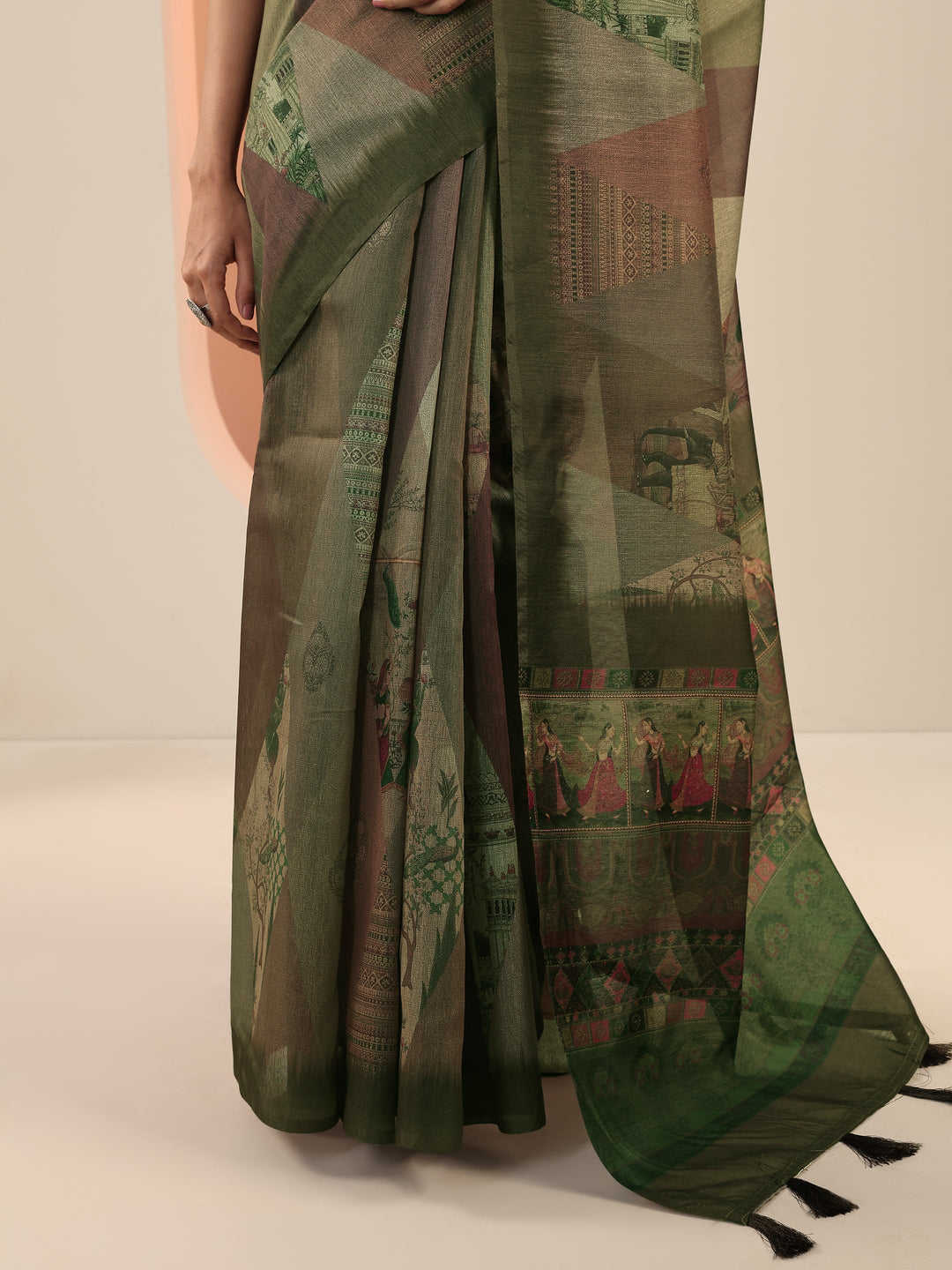  Green Printed Silk Saree With Unstitched Blouse Piece 