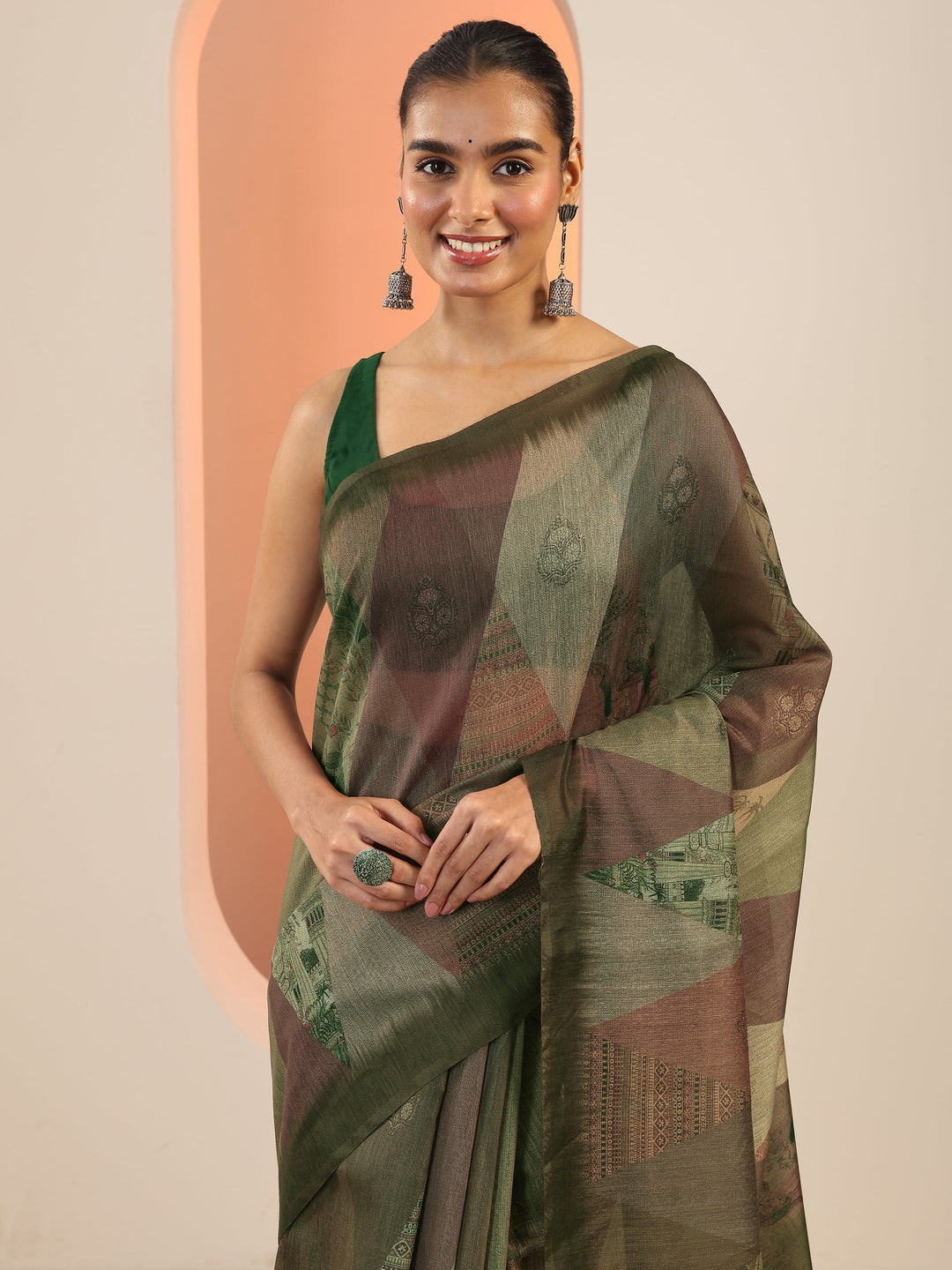  Green Printed Silk Saree With Unstitched Blouse Piece 