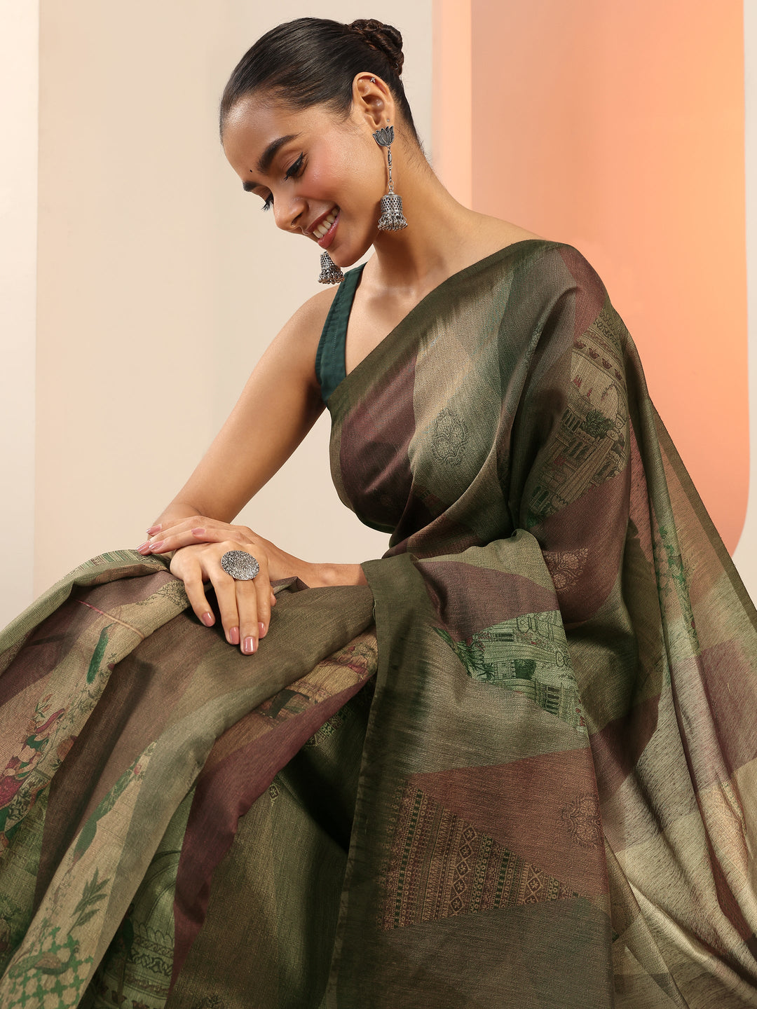  Green Printed Silk Saree With Unstitched Blouse Piece 