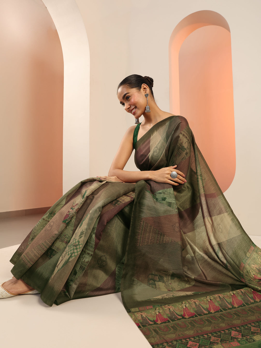  Green Printed Silk Saree With Unstitched Blouse Piece 