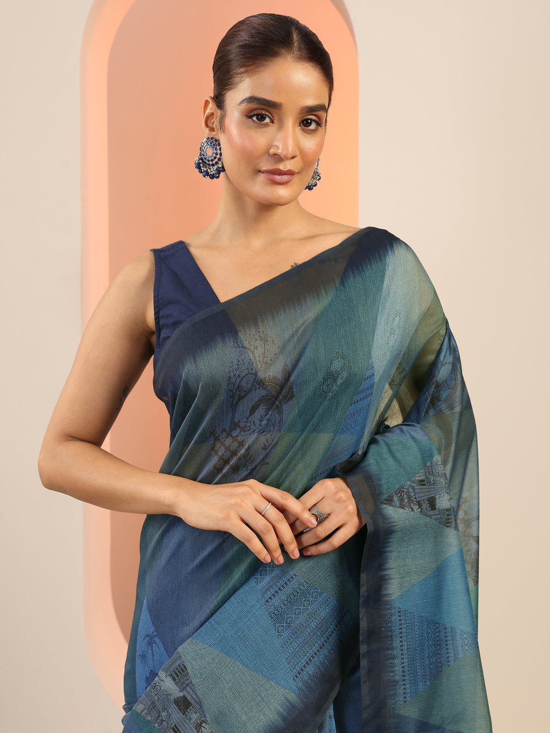  Blue Printed Silk Saree With Unstitched Blouse Piece 