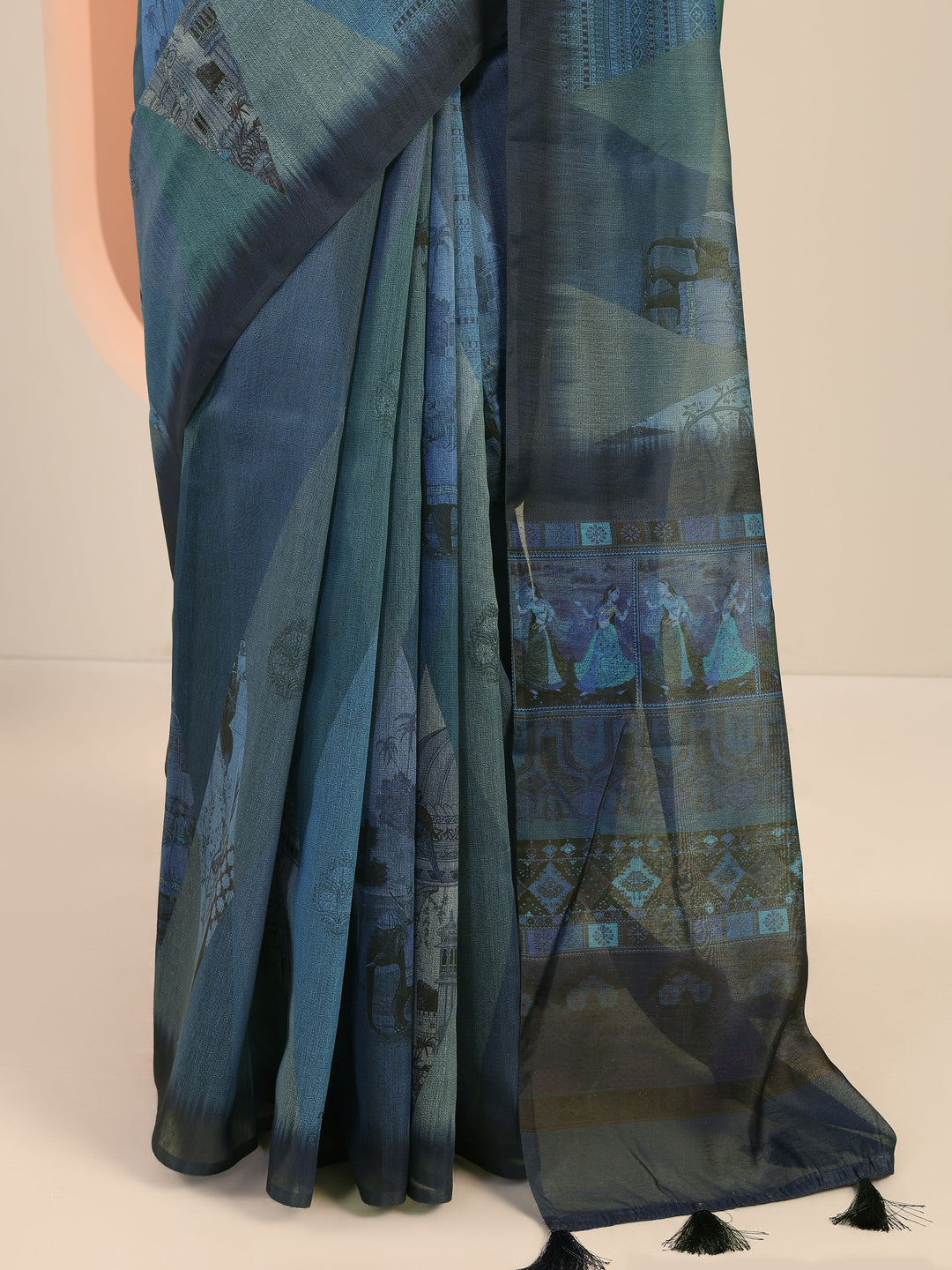  Blue Printed Silk Saree With Unstitched Blouse Piece 