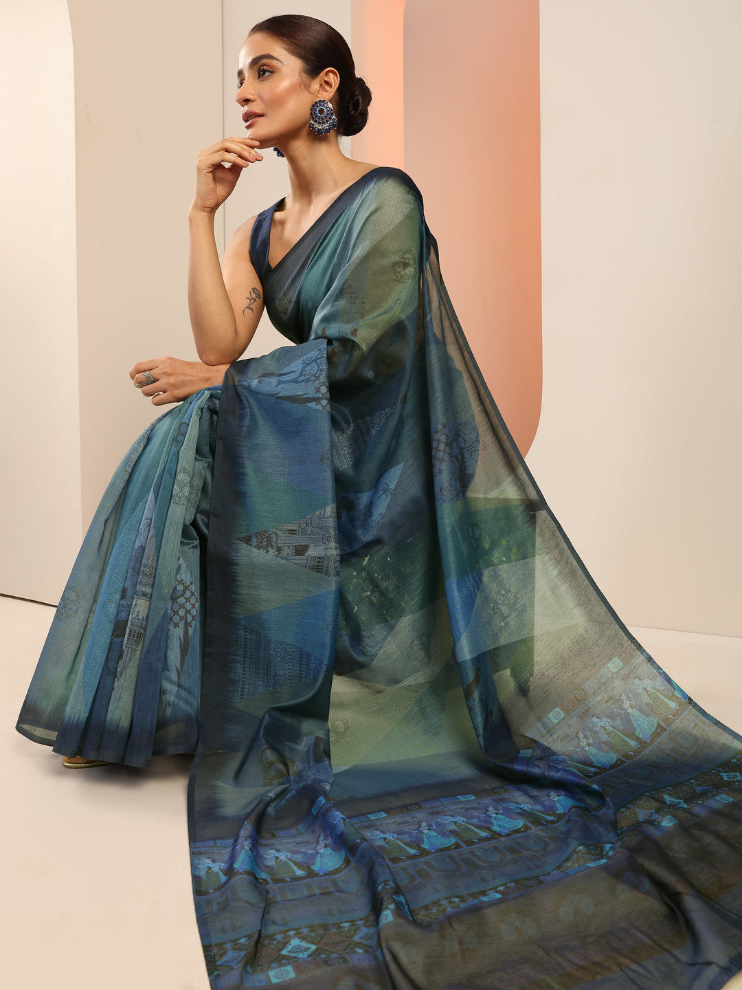 Blue Printed Silk Saree With Unstitched Blouse Piece 