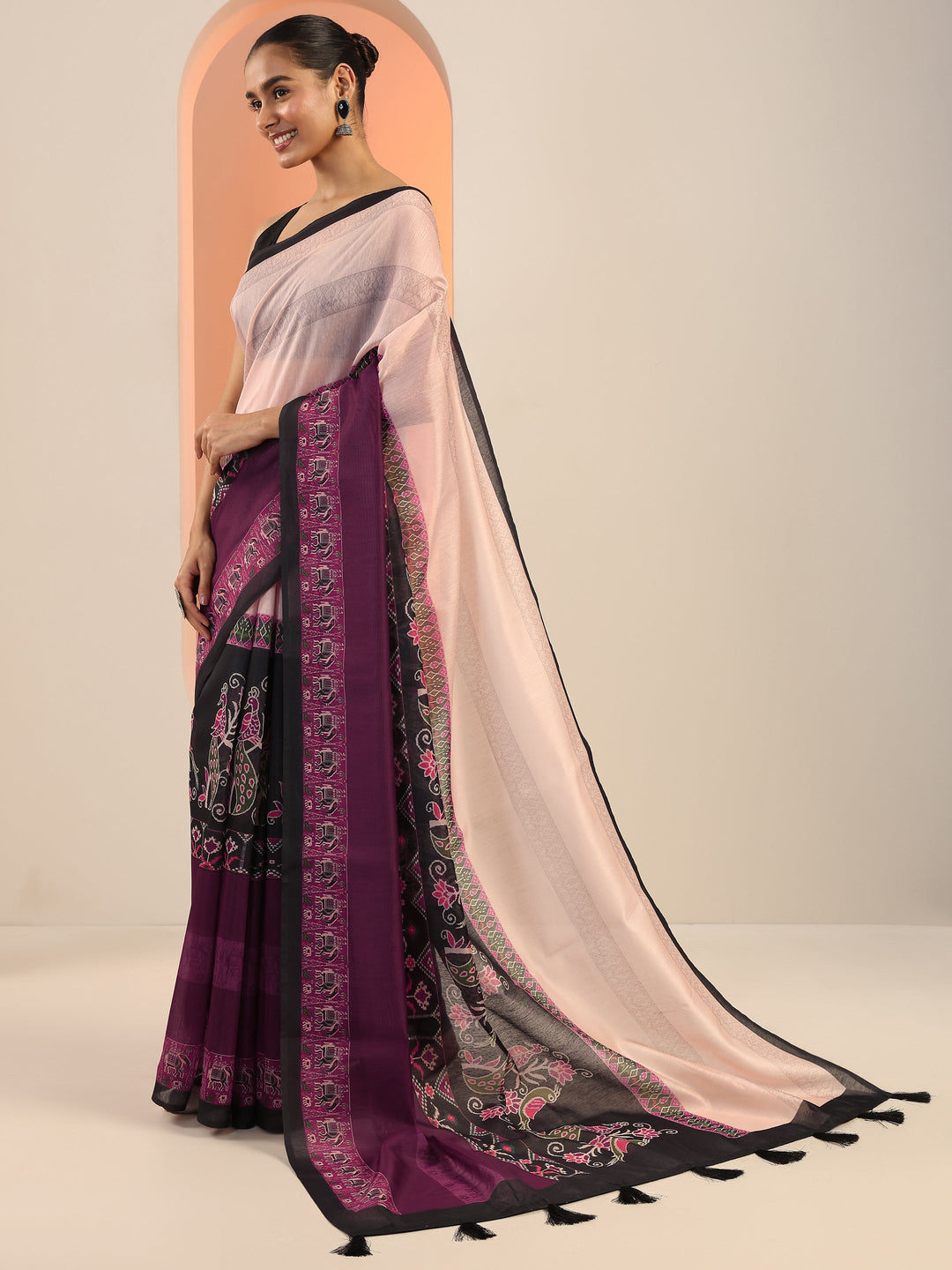  Burgundy Printed Silk Saree With Unstitched Blouse Piece 