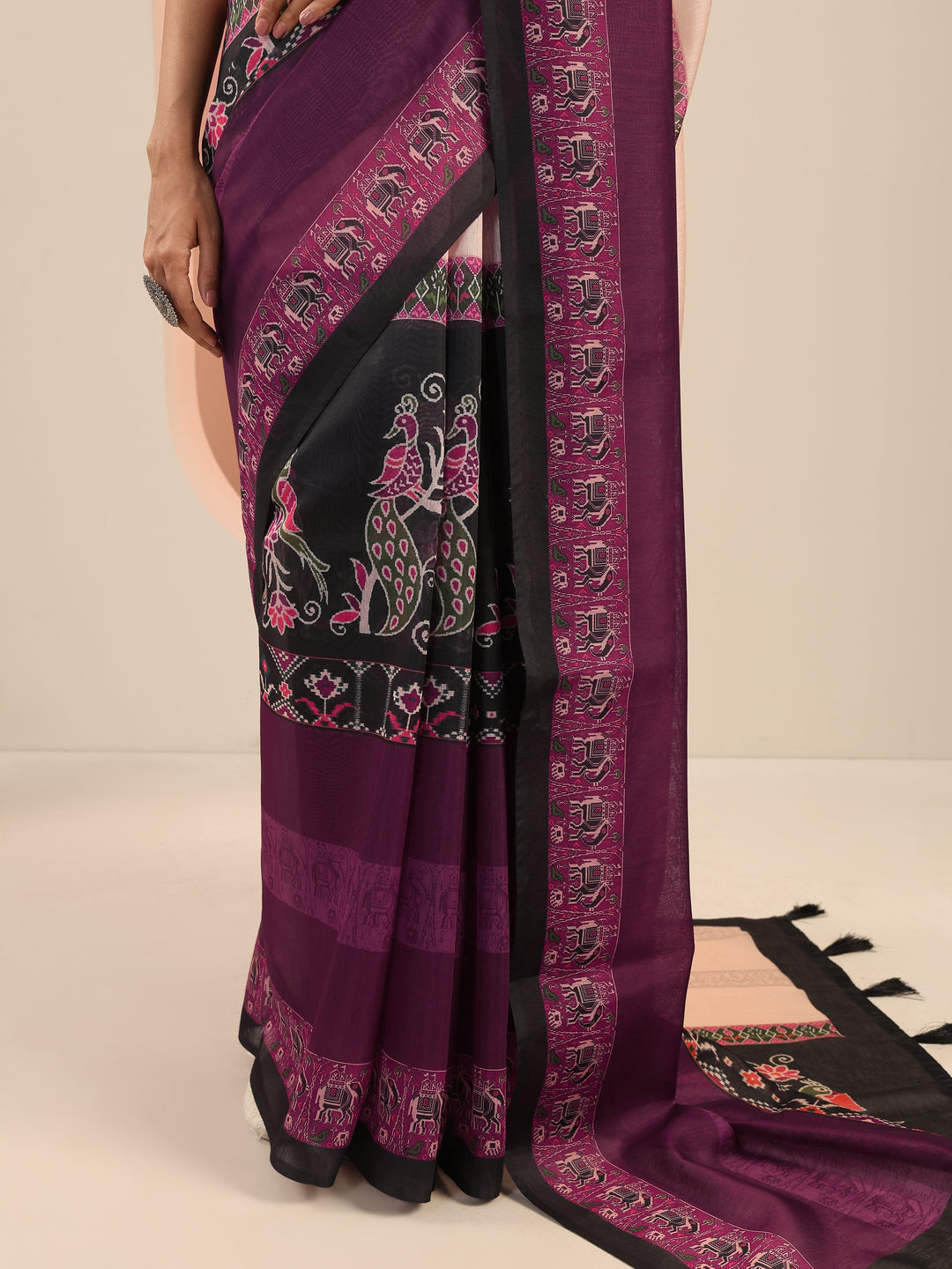  Burgundy Printed Silk Saree With Unstitched Blouse Piece 