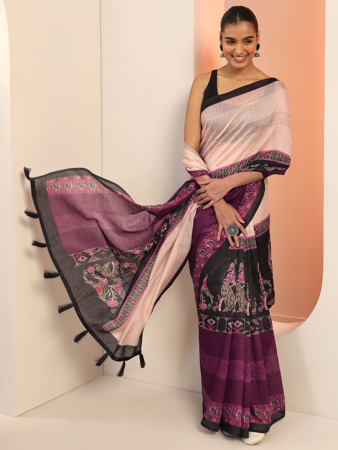  Burgundy Printed Silk Saree With Unstitched Blouse Piece 