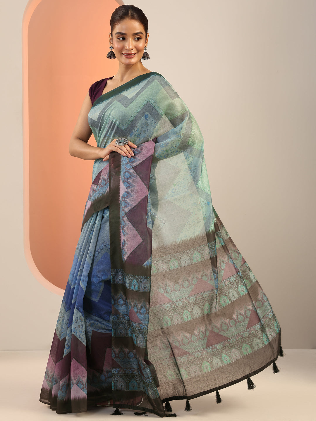  Green Printed Silk Saree With Unstitched Blouse Piece 