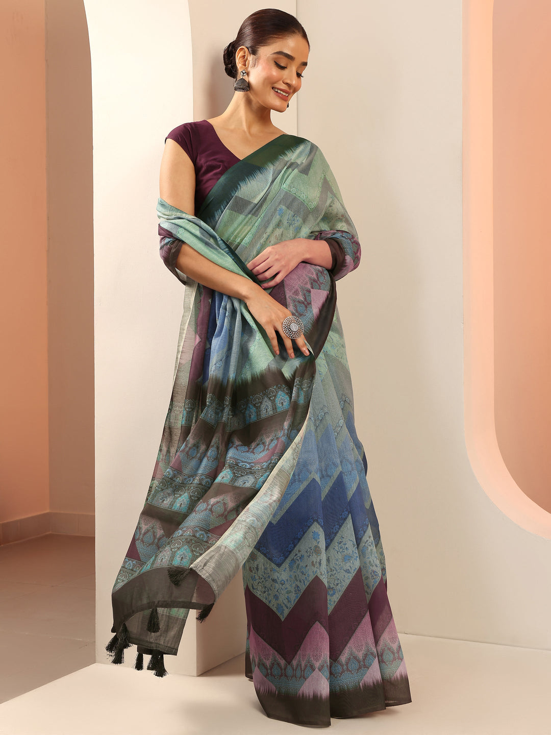  Green Printed Silk Saree With Unstitched Blouse Piece 