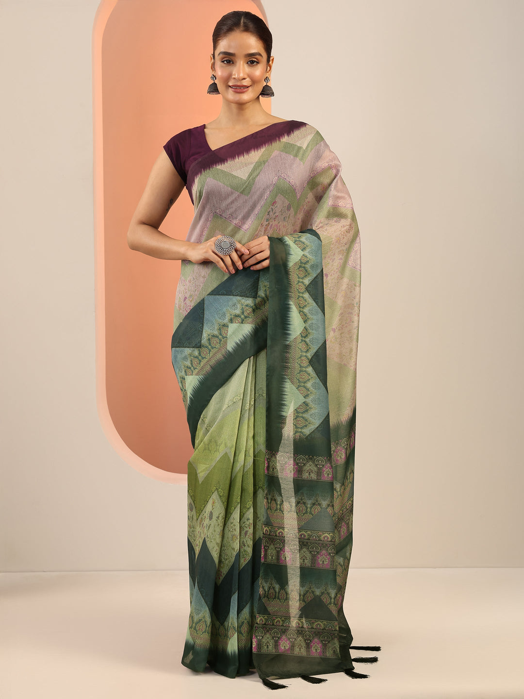  Green Printed Silk Saree With Unstitched Blouse Piece 