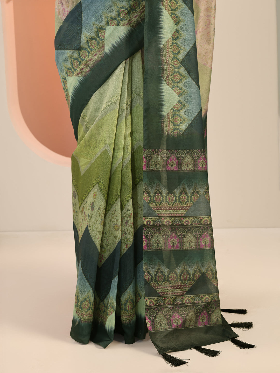  Green Printed Silk Saree With Unstitched Blouse Piece 