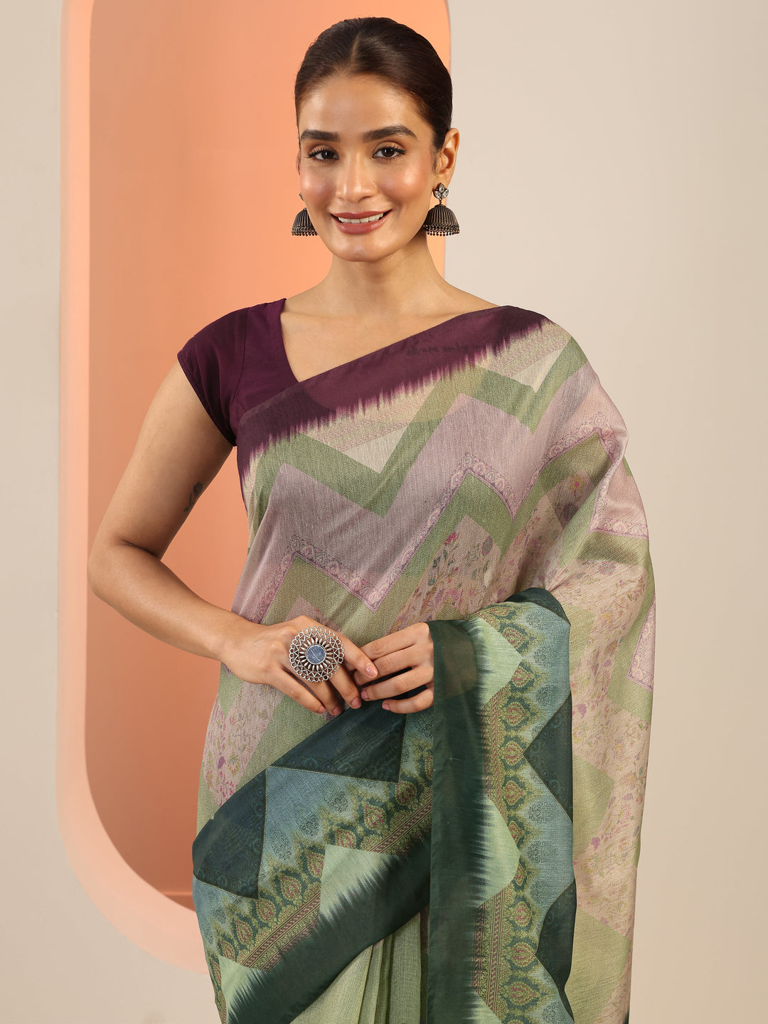  Green Printed Silk Saree With Unstitched Blouse Piece 
