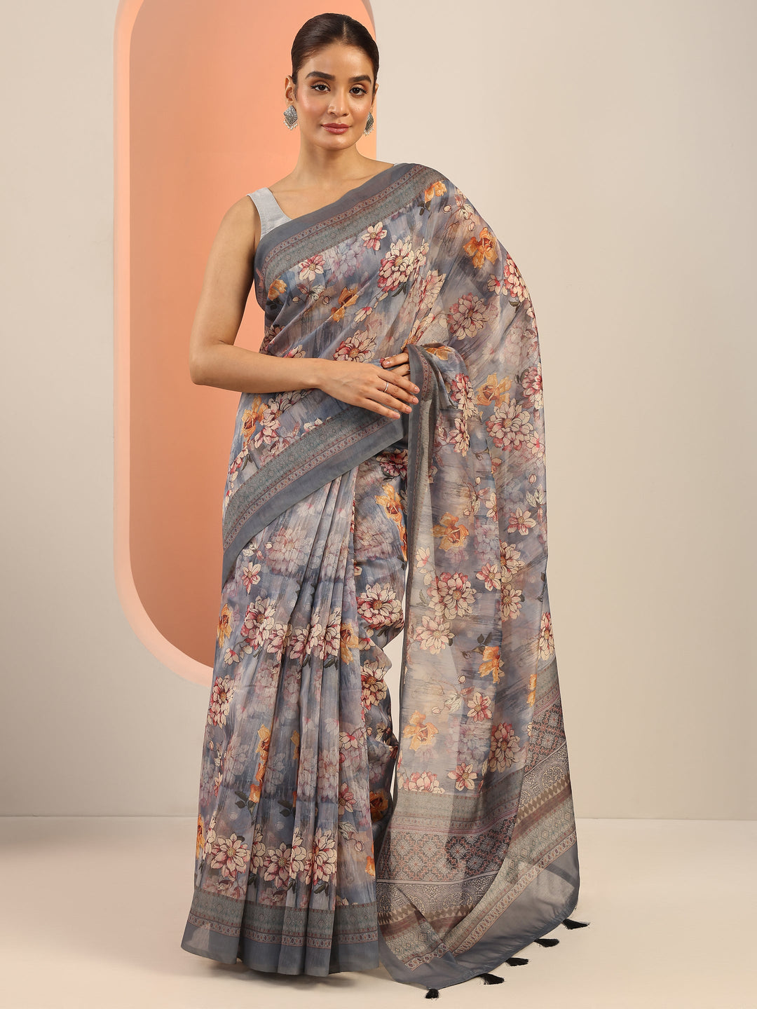  Blue Printed Silk Saree With Unstitched Blouse Piece 