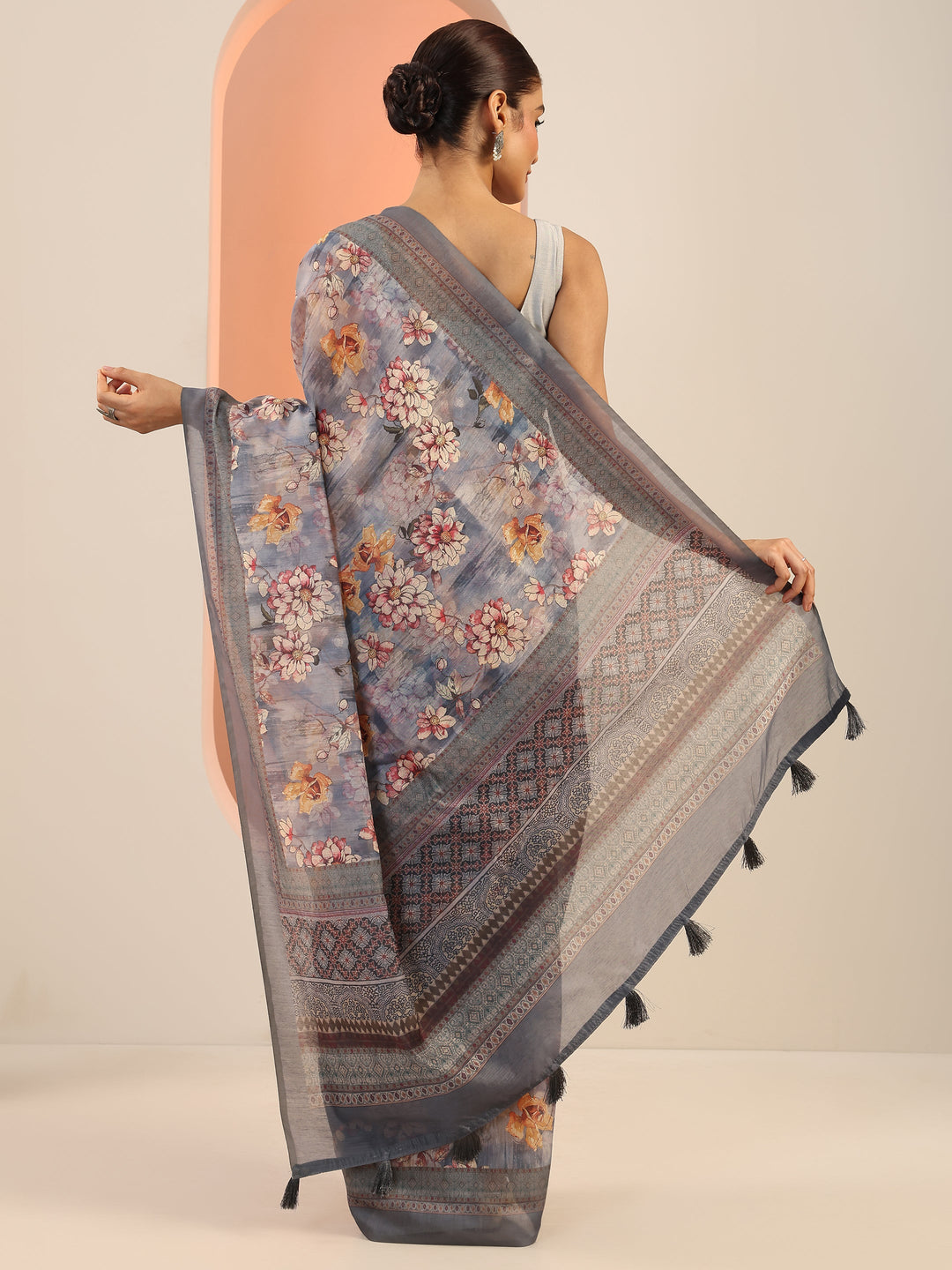  Blue Printed Silk Saree With Unstitched Blouse Piece 